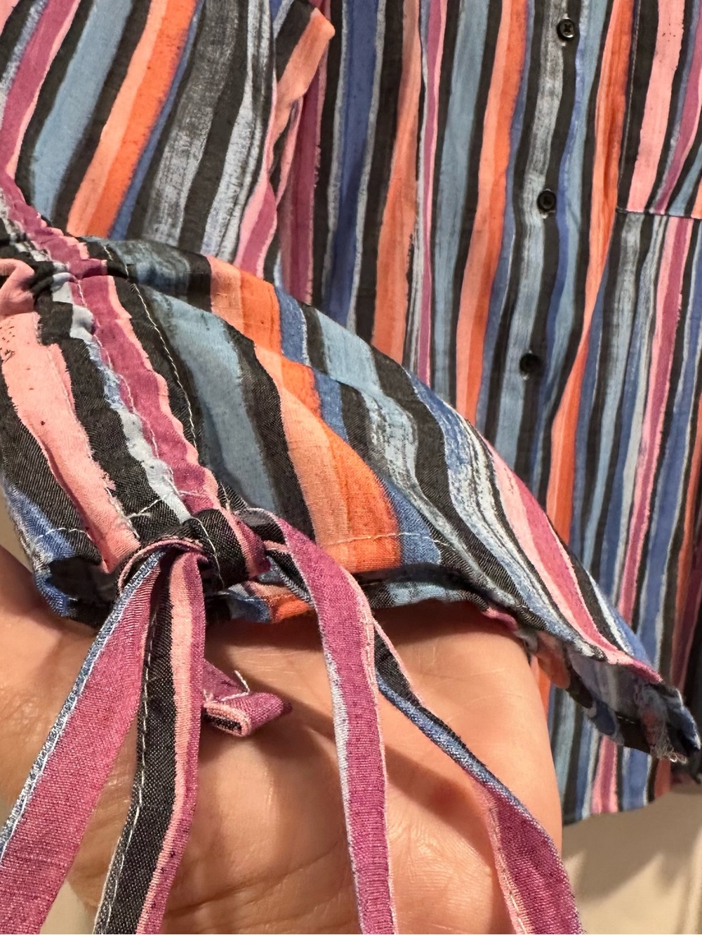 Daily Thread Multicolor Striped Button Down Top Ruched Tie Sleeves Rayon Blend L - Picture 10 of 14